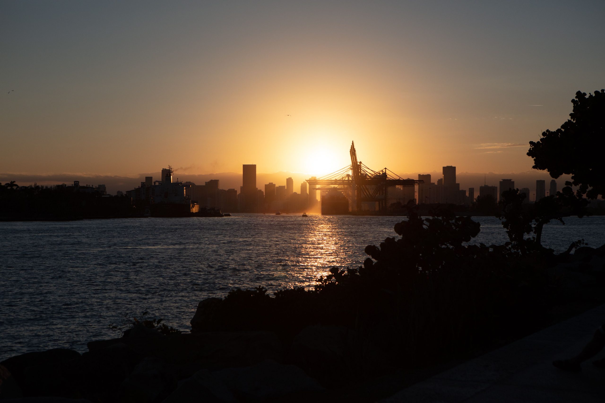 coucher de soleil sur le port et la skyline de Miami